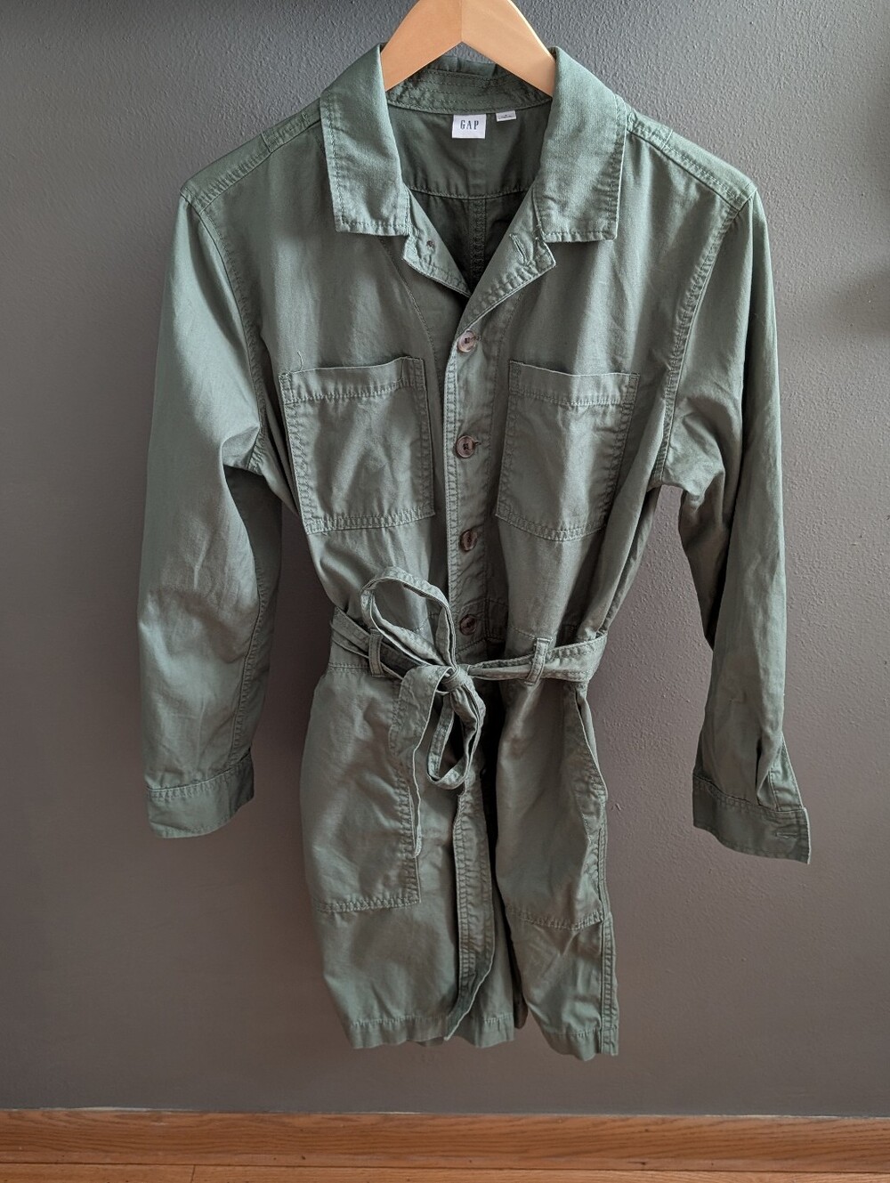 GAP Olive Green Utility Romper Jumpsuit Long Sleeve Tie Waist 100% Cotton Size 8